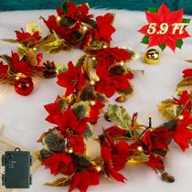 Poinsétia de Natal Garland Glintoper iluminada 1,8 m com 36 flores