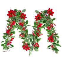 Poinsétia de Natal Garland LUZOGA 7,8 m com folhas verdes de azevinho Poinsétia de Natal Garland LUZOGA 7,8 m com folhas verdes de azevinho