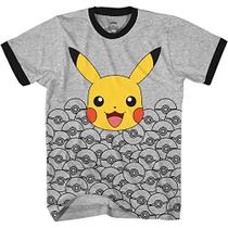 Pokemon Boys Pikachu Game Shirt - Gotta Catch Em All - Ash Pikachu Charizard Pokeball Allover Camiseta Oficial (Heather Grey Black, Large)