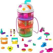 Polly Pocket Spin 'n Surprise Compact Playset, Tropical Smoothie Shape, Waterpark Theme, 3 Andares, 25 Acessórios Surpresas Incluindo Bonecas Polly &amp Shani, Grande Presente para Idades 4 Anos De Idade &amp Up