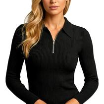 Polo Feminina Premium Manga Longa Slim Fit Canelada Gola com Zíper Blusa Casual Elegante Inverno