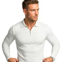 Polo Italiana Canelada Masculina Camisa Manga Longa Zíper Frontal Slim Fit Casual Confortável Polo Italiana Canelada Masculina Camisa Manga Longa Zíper Frontal Slim Fit Casual Confortável