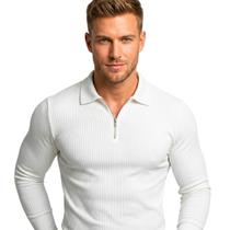 Polo Italiana Masculina Gola com Zíper Manga Longa Malha Canelada Premium Slim Fit Elegante Casual