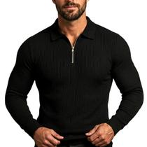 Polo Masculina Slim Fit Camisa Canelada Manga Longa Com Zíper Casual Moderna Malha Premium Elegante
