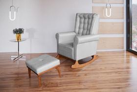 Poltrona Amamentação Aquila Luxo Balanço com Puff Linho Cinza com Capitonê Ideal Móveis