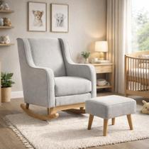Poltrona Amamentação Balanço e Puff Serena Linho Cinza - Mirra Decor