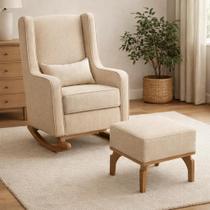 Poltrona Amamentação Balanço Retro Base Madeira com Puff Valentina Linho Bege - Mirra Decor