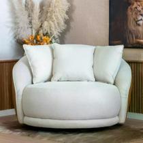 Poltrona Ayla Fixa Pés de Madeira - Redonda, Almofadas, Linho Bege Sintético Caramelo, Orgânico