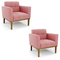 Poltrona Base De Madeira Fixa Castanho Kit 2 Elisa Suede Rosê D03 - D'rossi Poltrona Base De Madeira Fixa Castanho Kit 2 Elisa Suede Rosê D03 - D'rossi