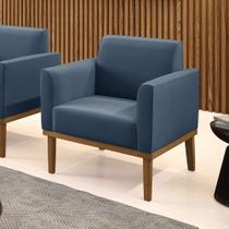 Poltrona Base de Madeira Fixa Castanho Marisa Suede Azul Marinho