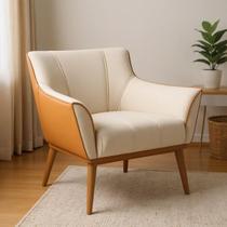 Poltrona Berlim em Veludo Bege com Acabamento em material sintético e Pés de Madeira