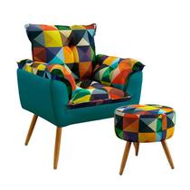 Poltrona Beta com Puff Solar Suede Estampado Colorido com Azul Turquesa Aradecor Poltrona Beta com Puff Solar Suede Estampado Colorido com Azul Turquesa Aradecor