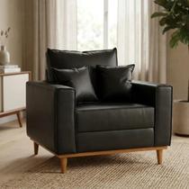 Poltrona Cadeira Beny Luxo Com Base E Pés Em Madeira Maciça Para Sala De Estar E Recepção Com 2 Almofadas material sintético Preto Premium Newllar