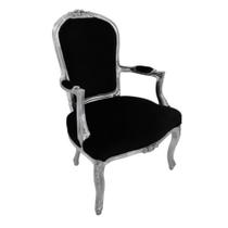 Poltrona Cadeira de Braço Folha Prata Tecido Preto Luxo