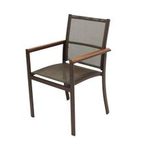 Poltrona Cadeira De Jantar Amélia Tela Sling E Alumínio Com Braço Detalhe Madeira Marrom Poltrona Cadeira De Jantar Amélia Tela Sling E Alumínio Com Braço Detalhe Madeira Marrom