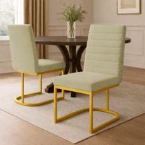 Poltrona Cadeira de Jantar Base de Ferro Mirelle Bordado Horizontal Suede Cappuccino