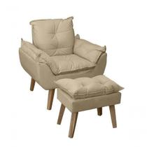 Poltrona/cadeira Decorativa E Puff Glamour Bege Linho Com Pés Quadrado Bege Linho Poltrona/cadeira Decorativa E Puff Glamour Bege Linho Com Pés Quadrado Bege Linho
