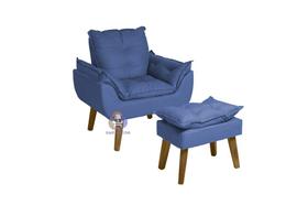 Poltrona/Cadeira Decorativa E Puff Glamour Opala Azul Marinho Com Pés Quadrado - SMF Decor