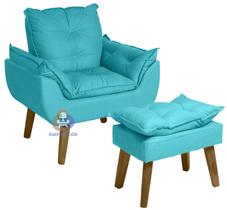 Poltrona/Cadeira Decorativa E Puff Glamour Opala Azul Turquesa Com Pés Quadrado