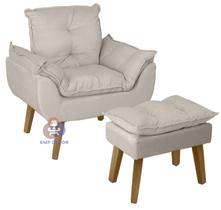 Poltrona/Cadeira Decorativa E Puff Glamour Opala Bege Com Pés Quadrado - SMF Decor