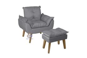 Poltrona/Cadeira Decorativa E Puff Glamour Opala Cinza Com Pés Quadrado - SMF Decor