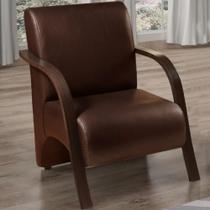Poltrona Cadeira Decorativa Estofada Consultório Sala Clínica material sintético Marrom Braço de Madeira