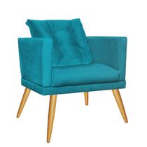 Poltrona Cadeira Lucia Confort Com almofada Sala Recepção Escritório Pé Carvalho Suede Azul Turquesa - KDAcanto Móveis