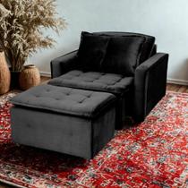 Poltrona Cama Retrátil Reclinável Com Puff Suede Preto Descanso - Larbelle