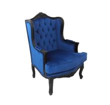 Poltrona Clássico Europeu Madeira Laca Preta Tecido Azul Cap Poltrona Clássico Europeu Madeira Laca Preta Tecido Azul Cap