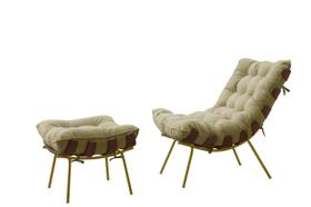 Poltrona Com Puff Costela Adão Madeira Dourada Veludo - Bege