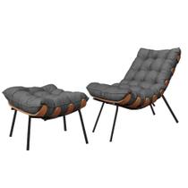 Poltrona Com Puff Costela Adão Madeira Preta Linho Marrocos Grafite