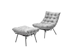 Poltrona Com Puff Costela Aramada Adão Preta-Linho Cinza
