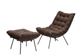 Poltrona Com Puff Costela Aramada Adão Preta-Veludo Marrom