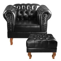 Poltrona com Puff Decorativo Chesterfield Capitonê Dom Pedro Preto Poltrona com Puff Decorativo Chesterfield Capitonê Dom Pedro Preto
