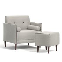 Poltrona com Puff Eloah Linho Gelo 2 Almofada Solta Pés Palito Castanho