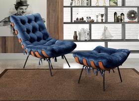 Poltrona Costela com Puff Base Fixa para Sala, Quarto Azul Marinho
