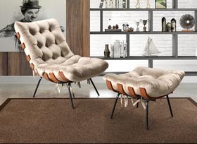 Poltrona Costela com Puff Base Fixa para Sala, Quarto