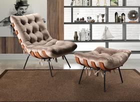 Poltrona Costela com Puff Base Fixa para Sala, Quarto Cinza Capuccino