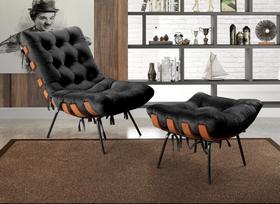 Poltrona Costela com Puff Base Fixa para Sala, Quarto Preto