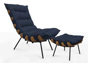 Poltrona Costela Com Puff Linho Azul Jeans - Casa & Estofados Poltrona Costela Com Puff Linho Azul Jeans - Casa & Estofados