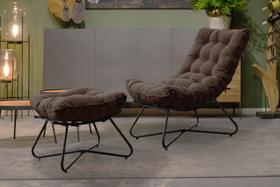 Poltrona Costela Decorativa e Puff Eva Preto Veludo Marrom