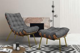 Poltrona Costela e Puff Adão Base Dourado Mad-Veludo Grafite