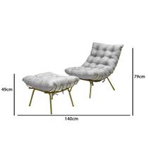 Poltrona Costela e Puff Adão Base Metal Dourado -Linho Cinza