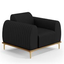 Poltrona Decorativa Base De Madeira Pés Metalizado D'Ouro Molino D02 Veludo Preto D-300 - Lyam Decor