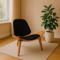 Poltrona Decorativa Base De Madeira Shell Linho Preto P01 - D'rossi