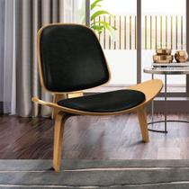 Poltrona Decorativa Base De Madeira Shell Sintético Pu P01 - D'rossi Preto