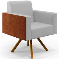 Poltrona Decorativa Base Giratória de Madeira Helô L02 Linho Cinza Material Sintético Camel - Lyam Decor