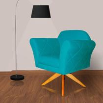Poltrona Decorativa Base Giratoria Madeira Marcela Suede Azul Turquesa - LM DECOR