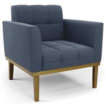 Poltrona Decorativa Base Madeira Castanho Ana Suede Azul Marinho - Ibiza