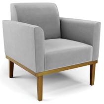 Poltrona Decorativa Base Madeira Castanho Maressa Suede Cinza